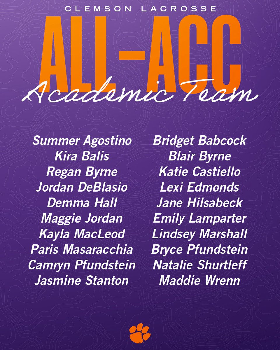 ClemsonWlax's tweet image. 👩🎓🥍
We had 2️⃣0️⃣ Tigers named to the All-ACC Academic team!