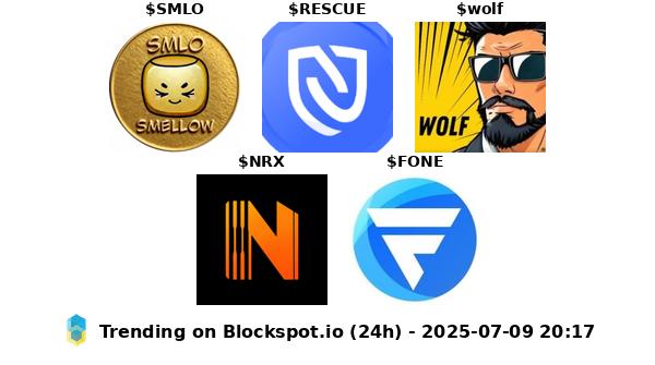 Trending coins on Blockspot based on page views in the last 24h:
1 Smellow $SMLO ✅ - @smellowsproject
2 Project Rescue $RESCUE - @projectrescuee
3 WOLF $wolf - <a href="/wolf_on_sol/">Wolf</a>
4 Norexa $NRX - @norexaai
5 FONE $FONE ✅ - @FoneBlockchain