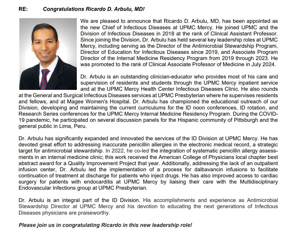 ID Pitt Stop (@idpittstop) on Twitter photo We are pleased to announce that Ricardo D. Arbulu, MD, has been appointed as the new Chief of Infectious Diseases at UPMC Mercy. We are pleased to announce that Ricardo D. Arbulu, MD, has been appointed as the new Chief of Infectious Diseases at UPMC Mercy.