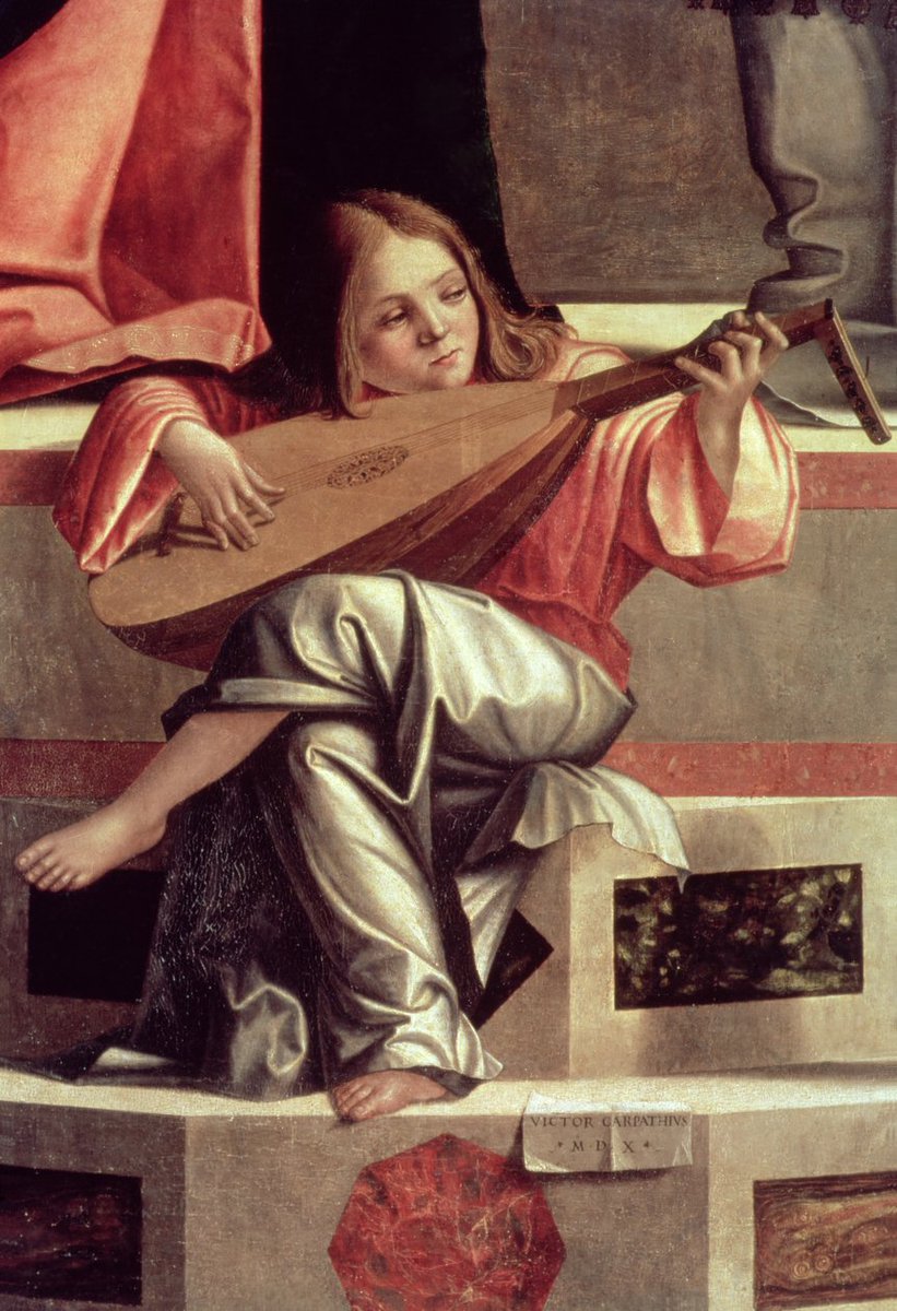 Vittore Carpaccio,
Ange ménestrel jouant du luth, détail de la Présentation de Jésus au Temple, 1510.