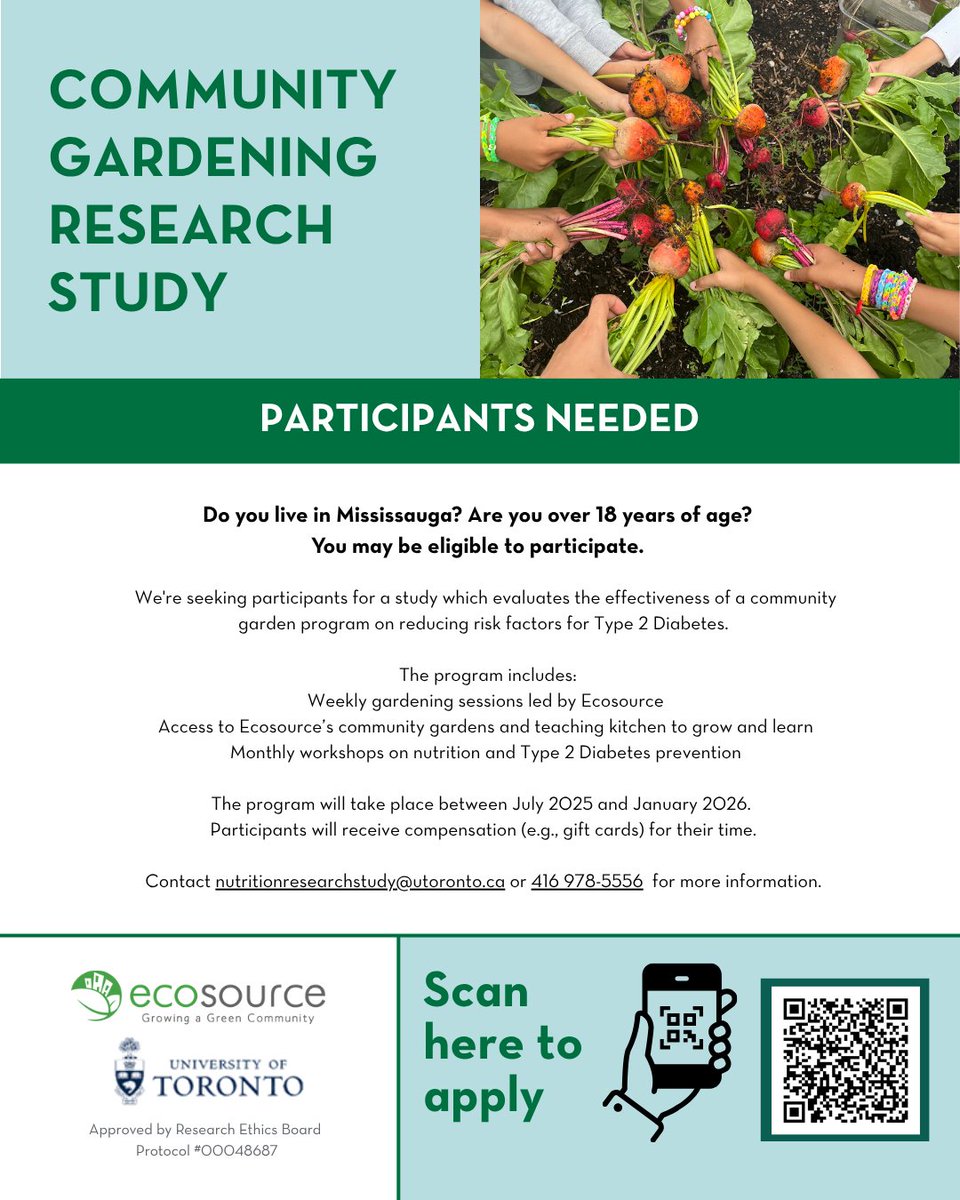 Ecosource (@ecosourcegreen) on Twitter photo Interested in growing your gardening & nutrition skills while contributing to health research? We're recruiting participants for a study which evaluates the effectiveness of a community garden program on reducing risk factors for type 2 diabetes
redcap.utoronto.ca/surveys/?s=M7R… Interested in growing your gardening & nutrition skills while contributing to health research? We're recruiting participants for a study which evaluates the effectiveness of a community garden program on reducing risk factors for type 2 diabetes
redcap.utoronto.ca/surveys/?s=M7R…