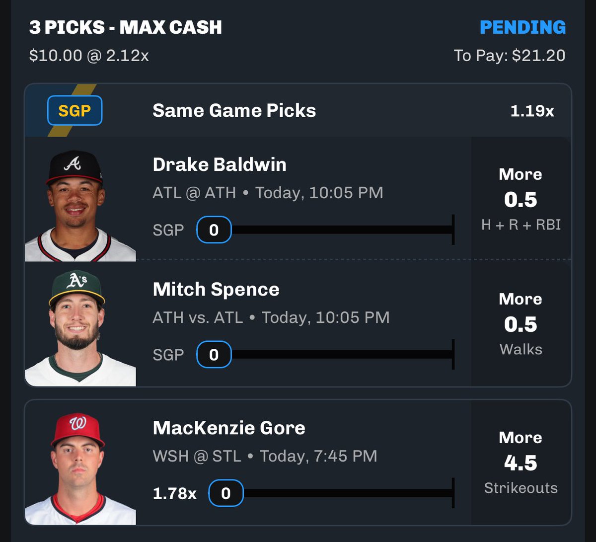 🚨 LADDER CHALLENGE DAY 1 🪜

⚾️ Drake Baldwin o0.5 HRR
⚾️ Mitch Spence o0.5 Walks
⚡️ MacKenzie Gore o4.5 Ks

$10 –> $20 ⬅️ DAY 1

$10 -> $10,000 IN 10 DAYS! 💹

SMASH that 💚 button for GOOD LUCK!