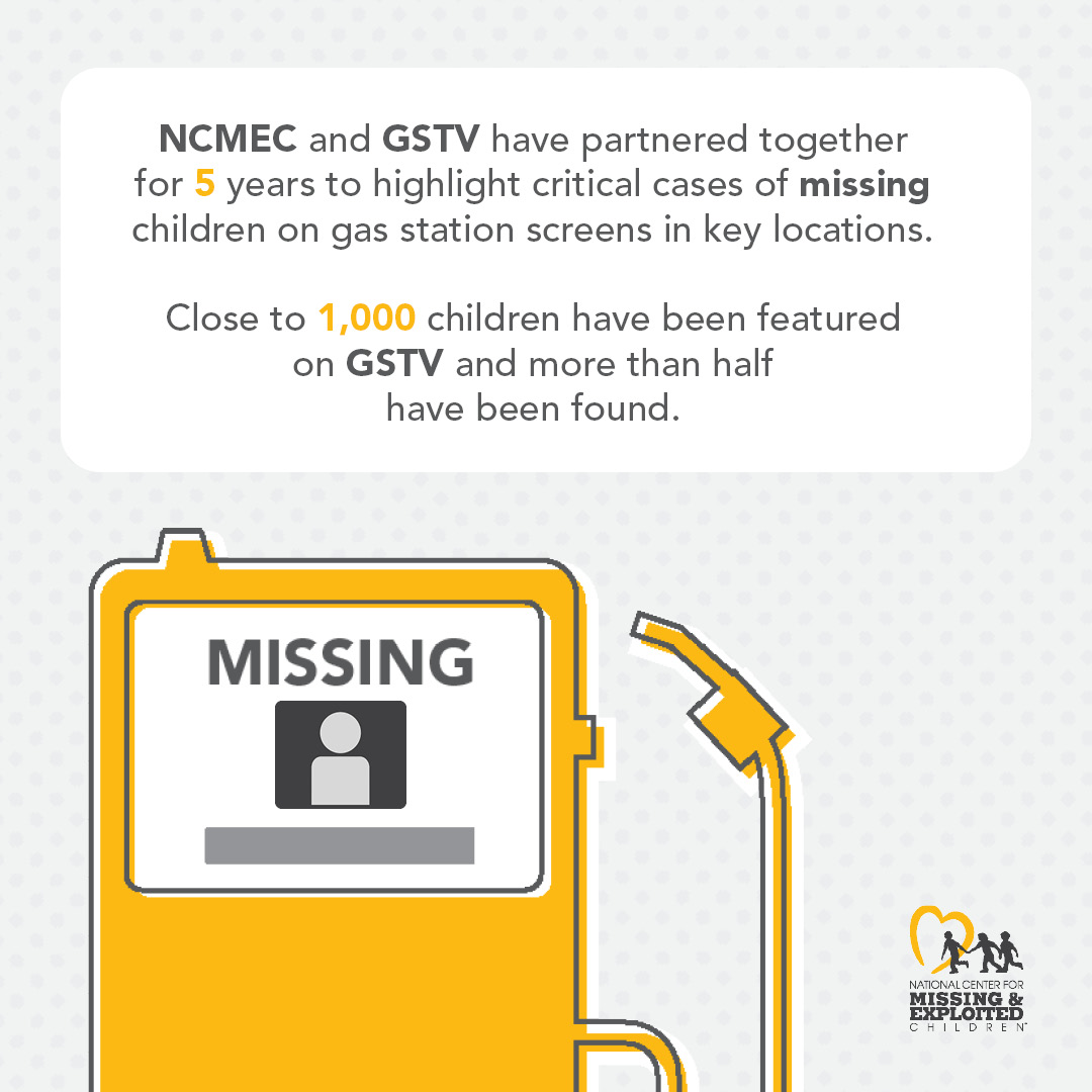 NCMEC's tweet photo. Today marks 5 years of partnership between @FueledByGSTV and NCMEC.

Since 2019, nearly 1,000 missing children have been featured on gas pump screens nationwide. More than half have been safely recovered.

This partnership proves that when we raise awareness, we help bring children home. Learn more: https://t.co/t9yUYfSleb
