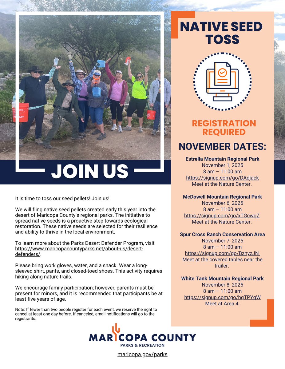 It is time to toss our seed pellets! The initiative to spread native seeds is a proactive step towards ecological restoration. The native seeds were selected for their resilience and ability to thrive in Arizona's environment.

Details: maricopacountyparks.net/about-us/deser…