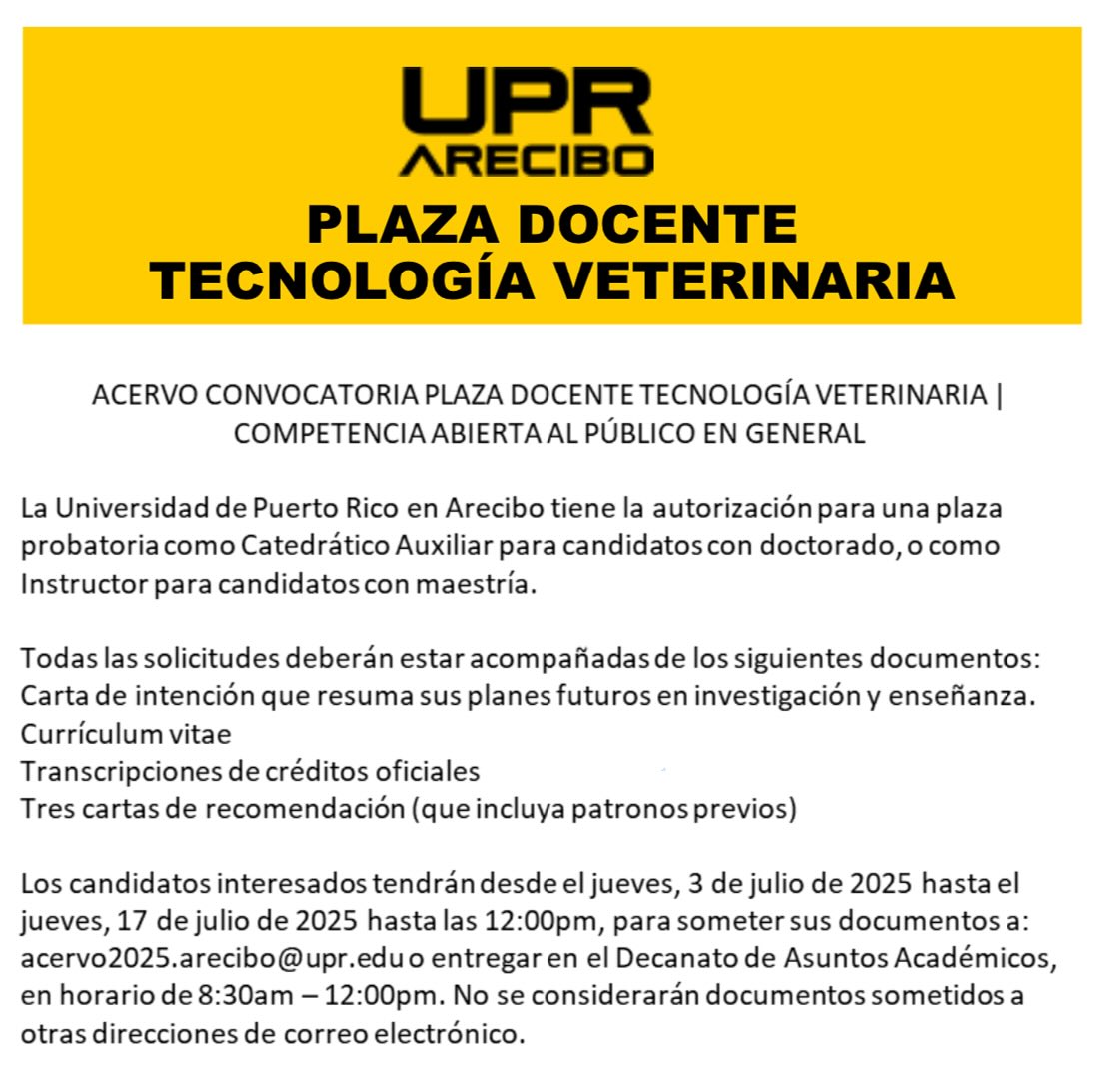 UPR Arecibo (@upra_oficial) on Twitter photo ACERVO CONVOCATORIA PLAZA DOCENTE TECNOLOGÍA VETERINARIA | COMPETENCIA ABIERTA AL PÚBLICO EN GENERAL
<a href="/UPRA_Oficial/">UPR Arecibo</a> tiene la autorización para una plaza probatoria como Catedrático Auxiliar.
Acceda a la Convocatoria y Solicitud de Empleo en: 🔗🔗upra.edu/recursos-human… ACERVO CONVOCATORIA PLAZA DOCENTE TECNOLOGÍA VETERINARIA | COMPETENCIA ABIERTA AL PÚBLICO EN GENERAL
<a href="/UPRA_Oficial/">UPR Arecibo</a> tiene la autorización para una plaza probatoria como Catedrático Auxiliar.
Acceda a la Convocatoria y Solicitud de Empleo en: 🔗🔗upra.edu/recursos-human…