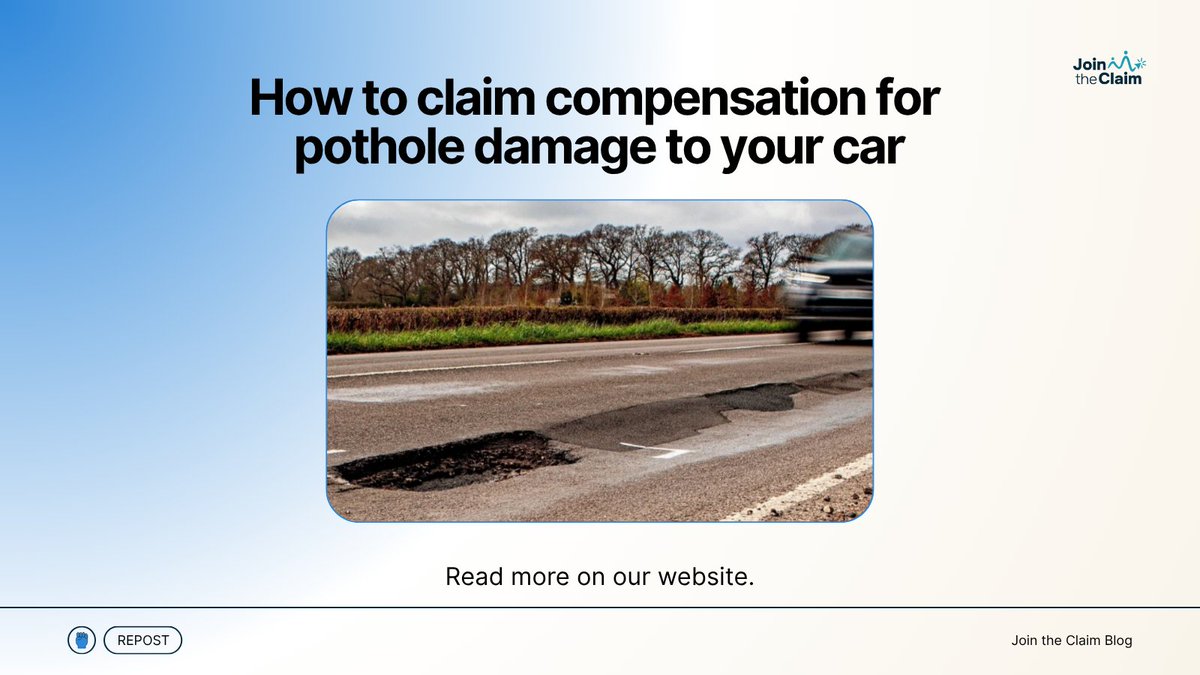JointheClaim's tweet image. Pothole wrecked your wheel? You might be able to claim compensation.

✅ Check your car
📸 Snap the pothole
🗺️ Report it
📝 Submit your claim

We’ve got a full guide on how to do it (without losing your sanity).
👉 jointheclaim.com/how-to-claim-c…
#PotholeClaim #JoinTheClaim