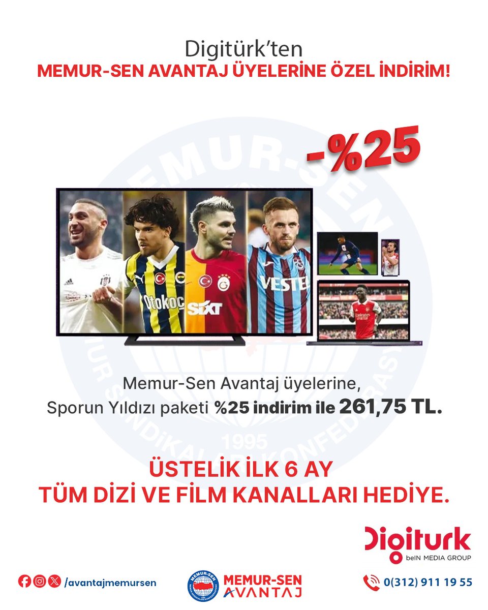 Memur-Sen Avantaj Üyelerine Özel;

Sporun Yıldızı paketi %25 indirim ile 261,75 TL. 

Üstelik ilk 6 ay tüm dizi ve film kanalları hediye.

4 Ağustos 2025 "e kadar geçerli olacak kampanya hakkında detaylı bilgilere Kimlik/Karekod Kampanyaları 
Ev&amp;Sinema Sistemleri Sektöründen