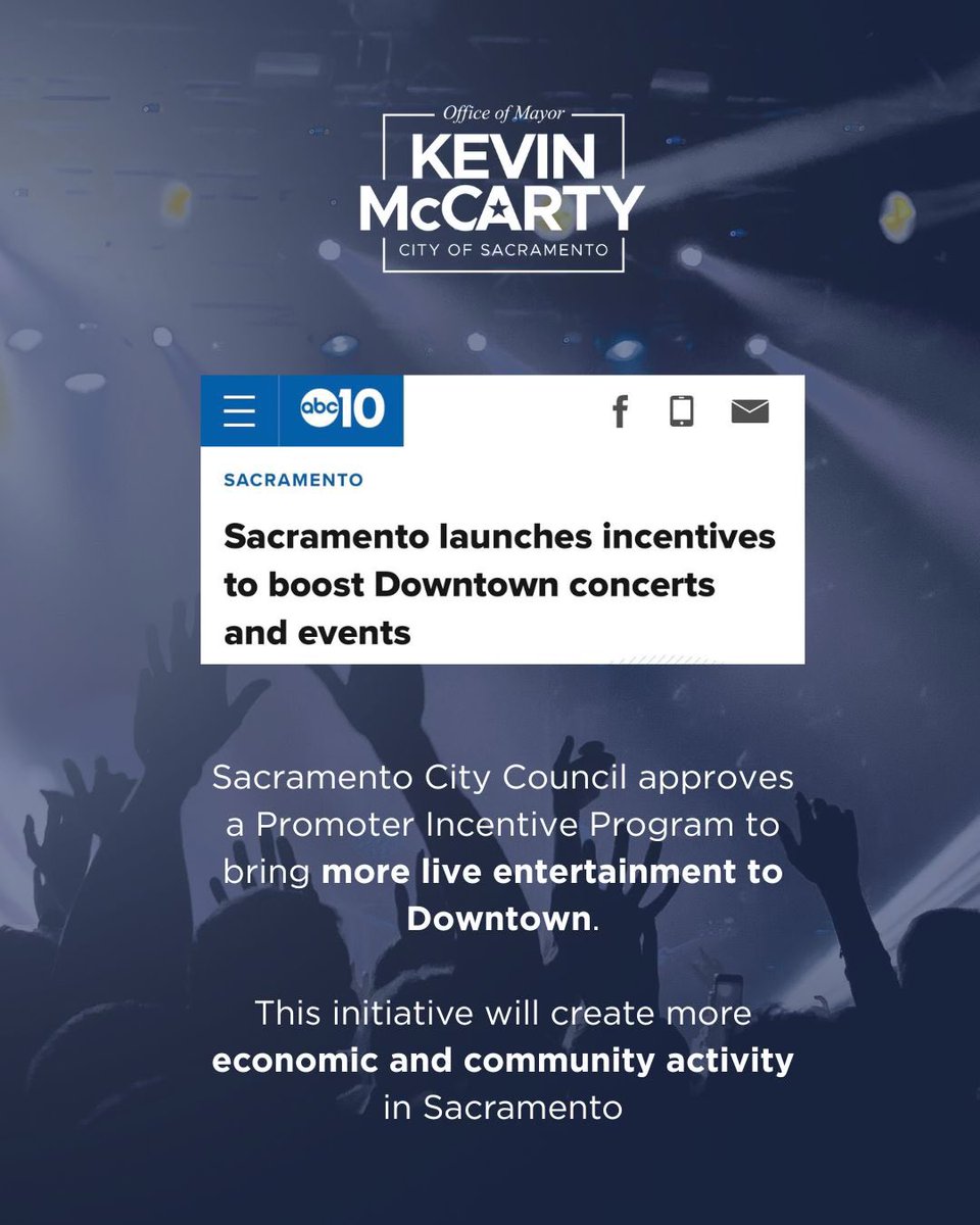 MayorMcCarty's tweet image. The Promoter Incentive Program offers financial rebates and discounts for promoters bringing events to Sacramento.
The program will enliven local event spaces, support businesses and tourism, and make Sacramento an attractive entertainment destination!