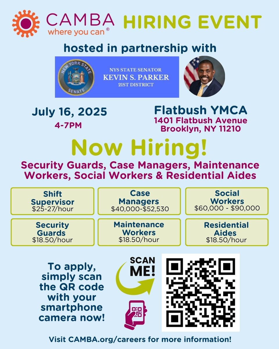 CAMBAInc's tweet image. Join us at the CAMBA Hiring Event on July 16, 2025, 4-7 PM at Flatbush YMCA! Competitive roles available! Learn more: CAMBA.org/careers. #CAMBA #HiringNow #JobsNYC