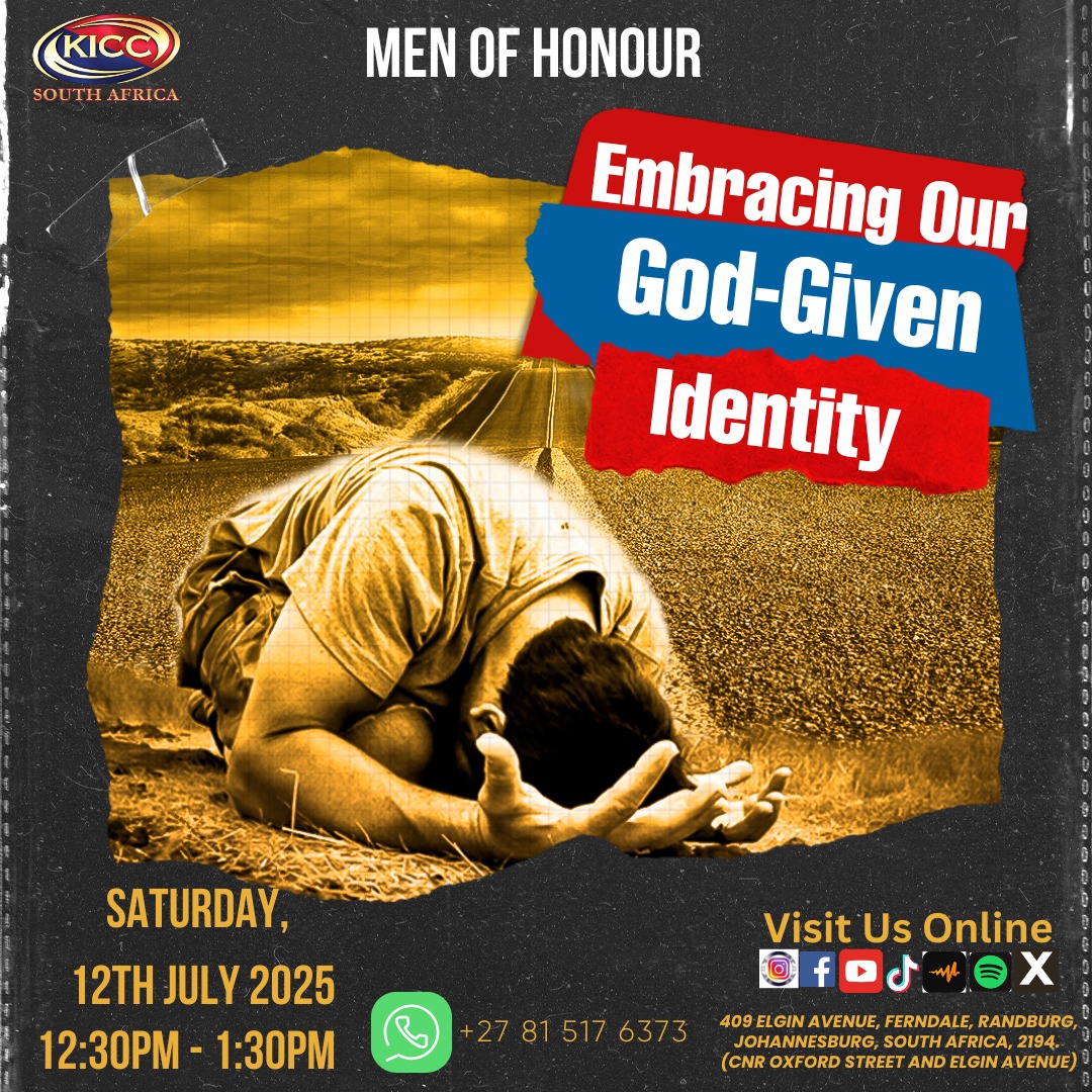 We are inviting all MALE of all ages to join our men of honour this Saturday 12th July 2025 from 12:30pm for a time of fellowship. Don't miss it!
#kiccsouthafrica 
#TokkyAdemoyero 
#mensfellowship 
#MenOfHonour