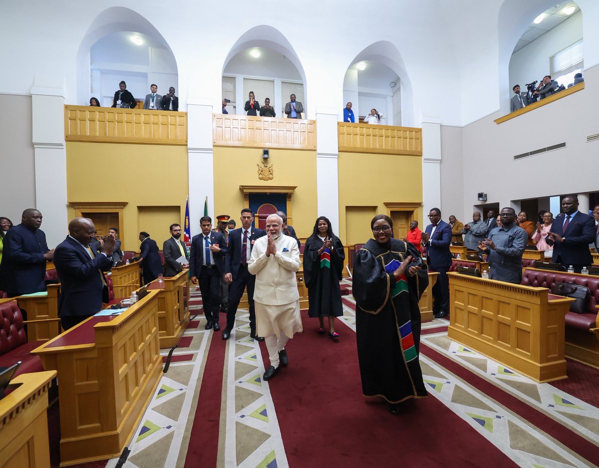 ANSPRASADBJP's tweet photo. A moment of immense pride for India! We heartily congratulate @PMOIndia Shri @narendramodi Ji on being conferred with #Namibia's highest civilian honor, the 'Order of the Most Ancient #WelwitschiaMirabilis'. This prestigious recognition is a testament to his visionary leadership and India's growing global stature.

Under #PMModi Ji's astute guidance, India has emerged as a beacon of hope and a provider of global solutions, fostering bridges of friendship across continents. This honor not only reflects his exceptional statesmanship but also India's increasing influence on the world stage, filling every Indian with pride and joy.
#PMModiInNamibia