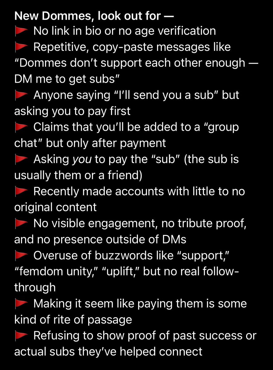 hard4tsunami's tweet photo. ATTENTION TO NEW FINDOM DOMMES, I recently discovered a lot of domme scammers and their actions and how to identify them. A lot of these dommes have alt accounts to back them up!! Real Dommes don’t charge Dommes. Trust your gut. Ask questions. Don’t be afraid to block. Rt!! 💕✨ https://t.co/0nBR90x941