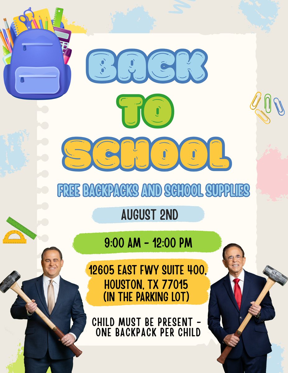 TexasHammerOfcl's tweet image. 🎒📚 BACK TO SCHOOL GIVEAWAY! / ¡REGRESO A CLASES! 🎉
Join us August 2nd from 9 AM – 12 PM at:
📍 12605 East Fwy Suite 400, Houston, TX 77015 (in the parking lot)

#BackToSchool #RegresoAClases #FreeBackpacks #HoustonEvents