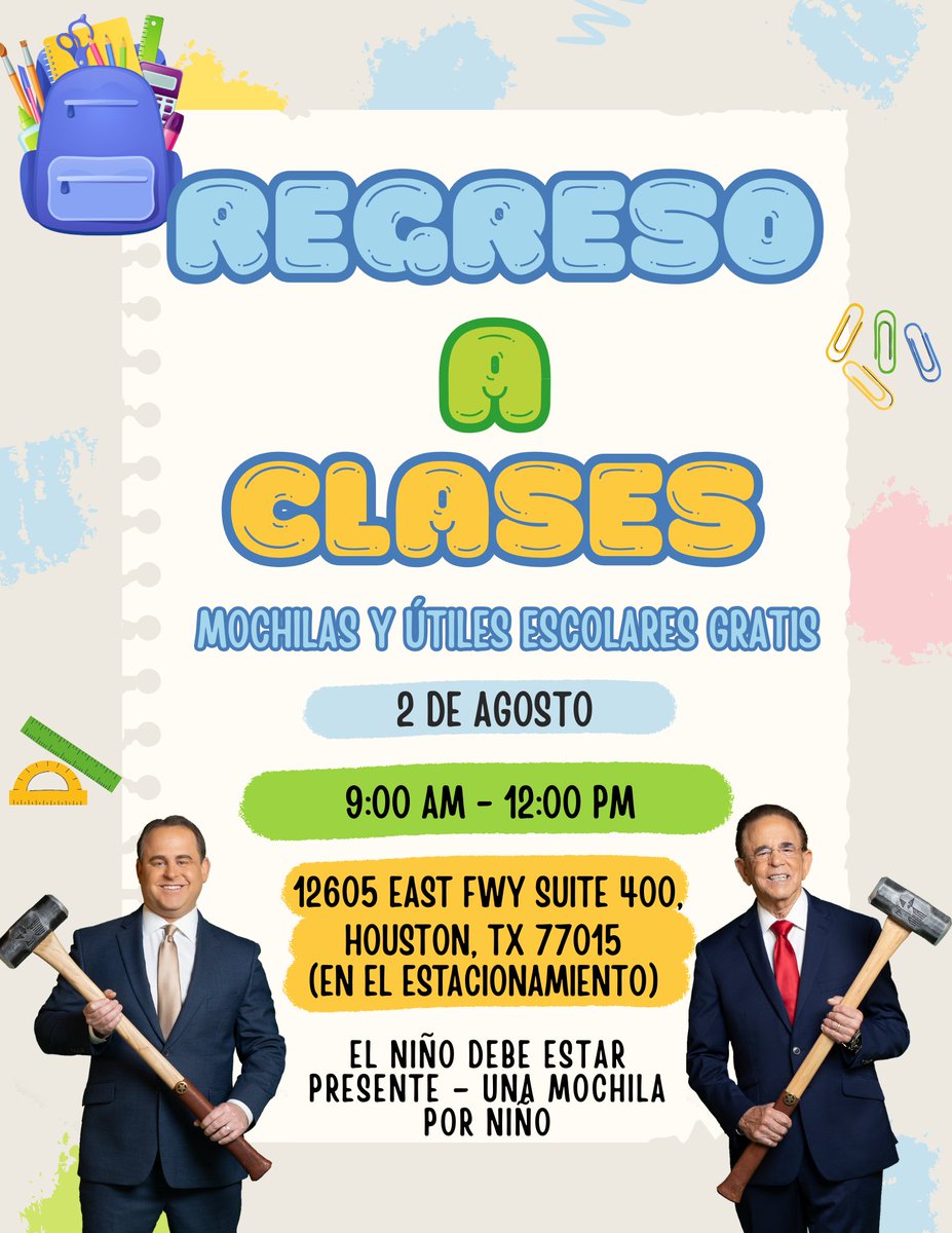 TexasHammerOfcl's tweet image. 🎒📚 BACK TO SCHOOL GIVEAWAY! / ¡REGRESO A CLASES! 🎉
Join us August 2nd from 9 AM – 12 PM at:
📍 12605 East Fwy Suite 400, Houston, TX 77015 (in the parking lot)

#BackToSchool #RegresoAClases #FreeBackpacks #HoustonEvents