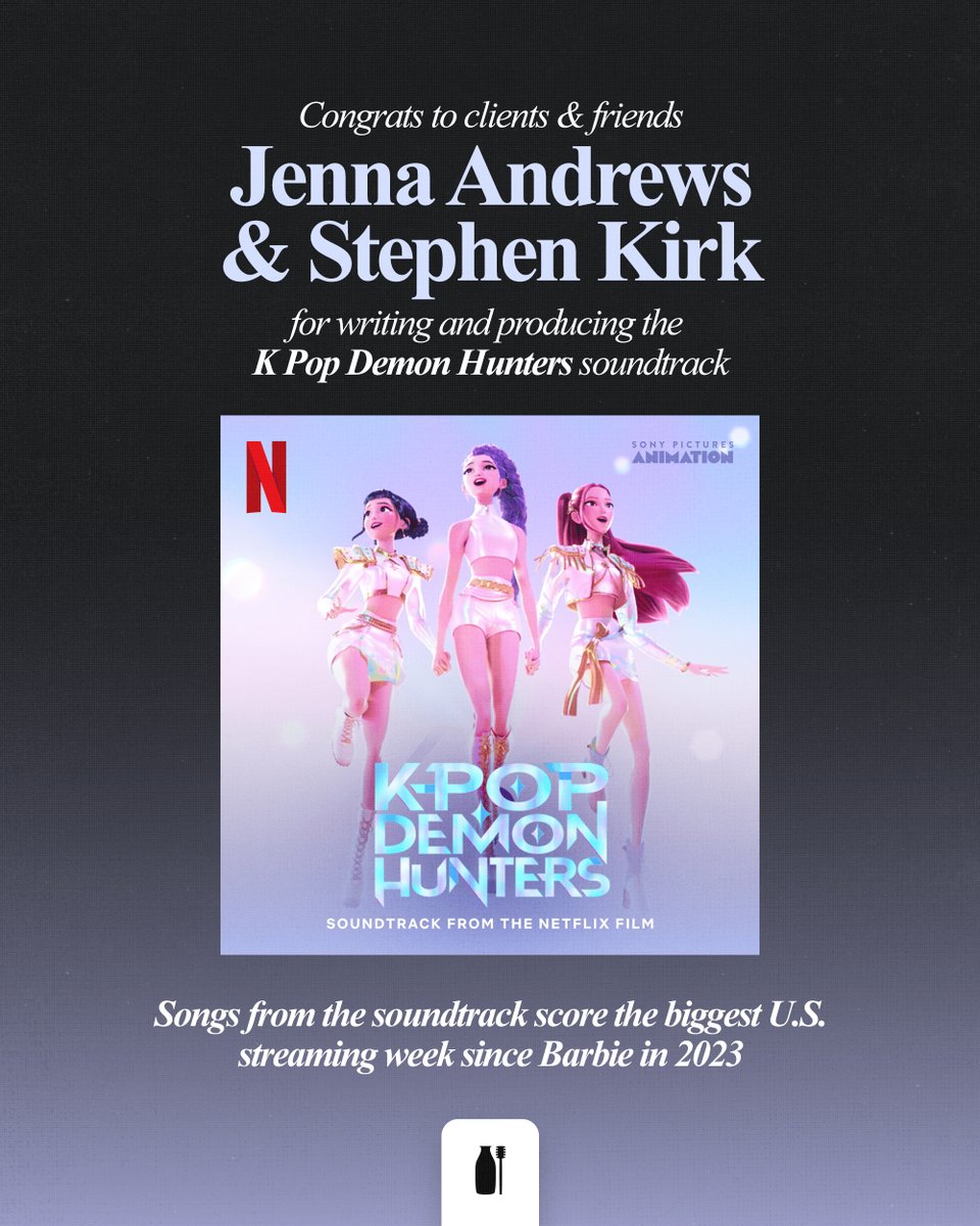 Congrats to friends and clients Jenna Andrews and Stephen Kirk for writing and producing the K Pop Demon Hunters soundtrack. The songs from the film currently sit at the top of the chart, and had the biggest streaming week for a soundtrack in the US since Barbie in 2023.