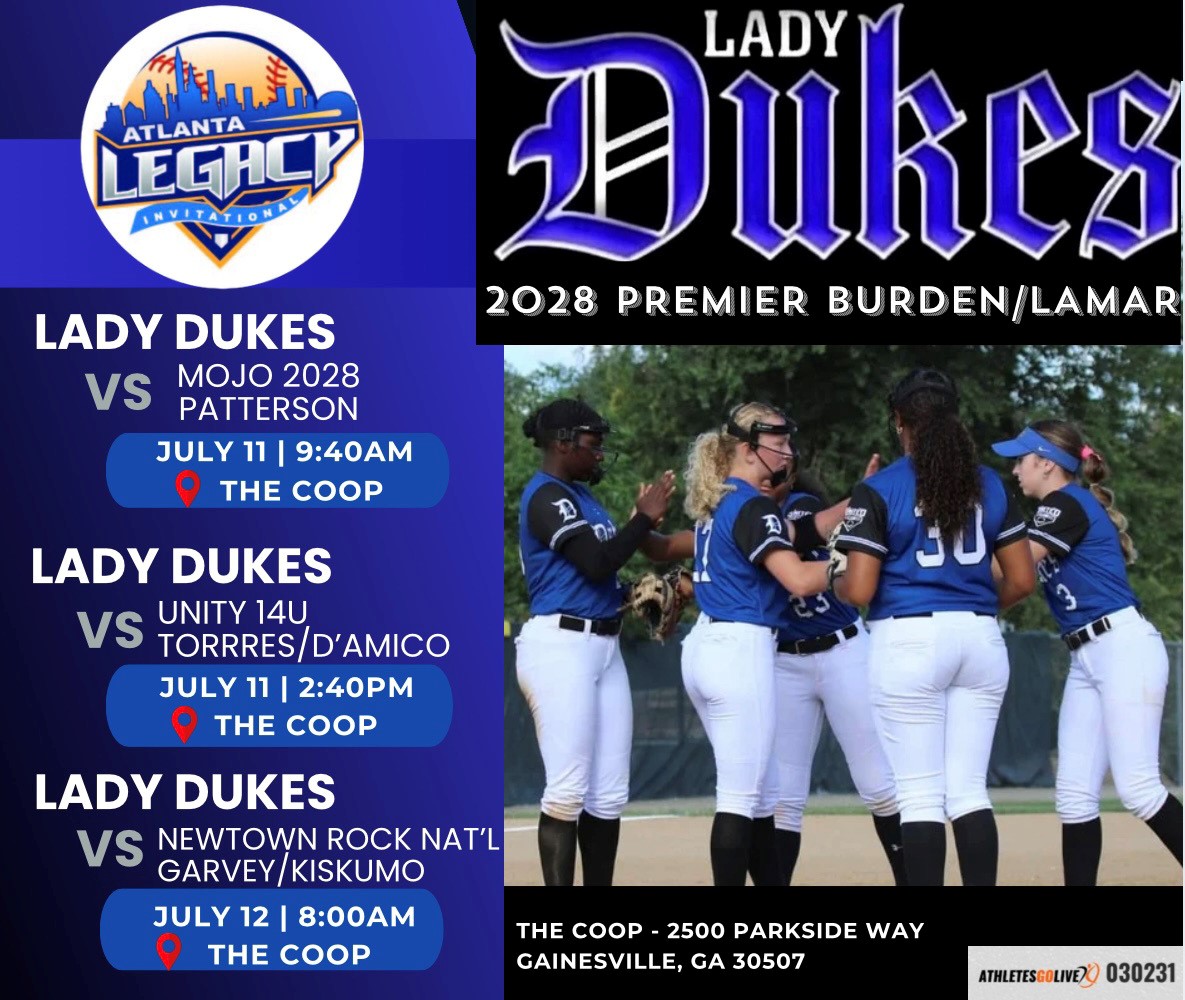 Taylor W (@taylor_823) on Twitter photo Let's Go!!! See you in Atlanta <a href="/AtlLegacyInvite/">Atlanta Legacy Invitational</a>
Schedule Below ⬇️⬇️
Come see us at 📍at The Coop
@LadyDukes28Nat <a href="/LadyDukesLamar/">Lady Dukes Lamar</a>
<a href="/CoachTonyBurden/">Coach Tony Burden</a> <a href="/ExtraInningSB/">EXTRA INNING SOFTBALL</a>
<a href="/los_stuff/">Carlos Arias</a> <a href="/LineDsoftball/">Line Drive Media</a> <a href="/TCSFastpitch/">TC Fastpitch</a>
<a href="/SBRRetweets/">Softball Recruiting Reposts</a> <a href="/MSPtakeover/">Minority Softball Prospects</a> <a href="/PrepSoftball/">Prep Softball 🥎</a> <a href="/IMPACT_TITLEIX/">IMPACT Performance Apparel</a> <a href="/TCam_FSUSB/">Troy Cameron</a> Let's Go!!! See you in Atlanta <a href="/AtlLegacyInvite/">Atlanta Legacy Invitational</a>
Schedule Below ⬇️⬇️
Come see us at 📍at The Coop
@LadyDukes28Nat <a href="/LadyDukesLamar/">Lady Dukes Lamar</a>
<a href="/CoachTonyBurden/">Coach Tony Burden</a> <a href="/ExtraInningSB/">EXTRA INNING SOFTBALL</a>
<a href="/los_stuff/">Carlos Arias</a> <a href="/LineDsoftball/">Line Drive Media</a> <a href="/TCSFastpitch/">TC Fastpitch</a>
<a href="/SBRRetweets/">Softball Recruiting Reposts</a> <a href="/MSPtakeover/">Minority Softball Prospects</a> <a href="/PrepSoftball/">Prep Softball 🥎</a> <a href="/IMPACT_TITLEIX/">IMPACT Performance Apparel</a> <a href="/TCam_FSUSB/">Troy Cameron</a>