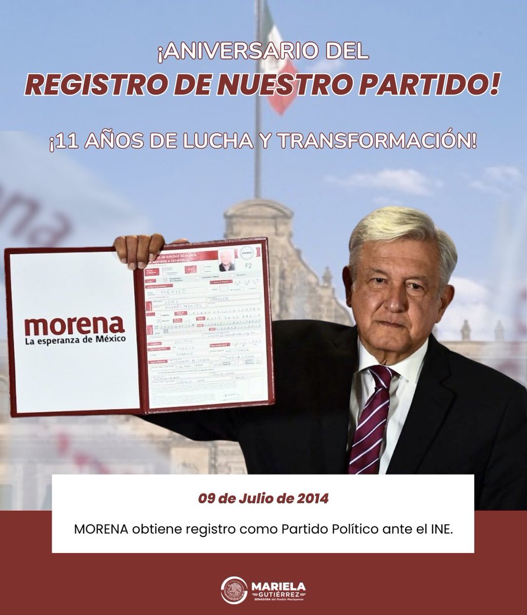 MarielaGtzEsc's tweet photo. Hace 11 años, Morena obtuvo su registro como partido político, consolidándose como el instrumento de lucha del pueblo para transformar nuestro país.

Desde entonces, hemos demostrado que otra forma de hacer política sí es posible, poniendo al centro la justicia social, la dignidad y el bienestar de quienes más lo necesitan.

¡Hoy celebramos más que un aniversario, celebramos 11 años de lucha, esperanza y transformación!

#SenadoraDelPuebloMexiquense