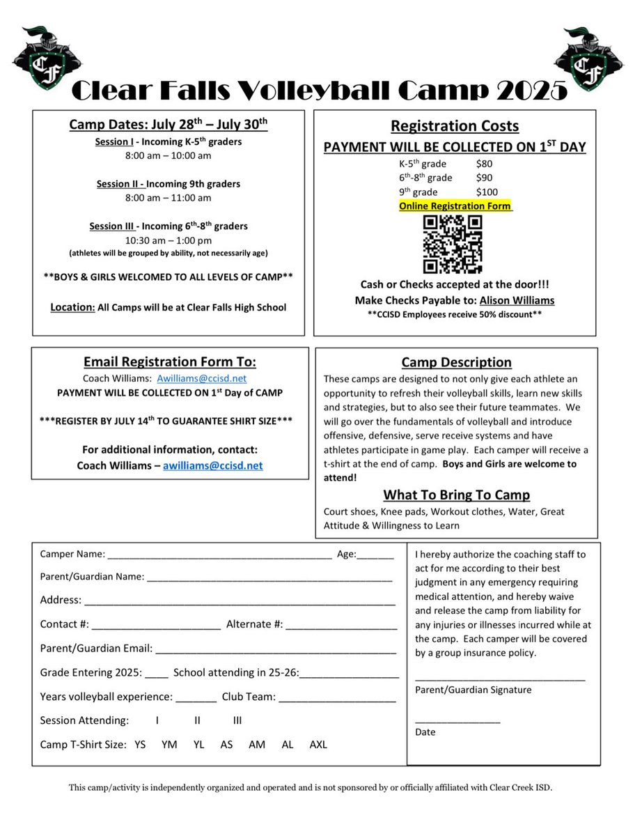 Camp is a couple weeks away!  Register by 7/14 to guarantee correct shirt size! Walk-up registration will be available. Looking forward to working with our Future Knights 💚🏐⚔️🖤
🔗: forms.office.com/r/6vqsFr9JEP
 #WorkOverWant #OneTeamOneHeart