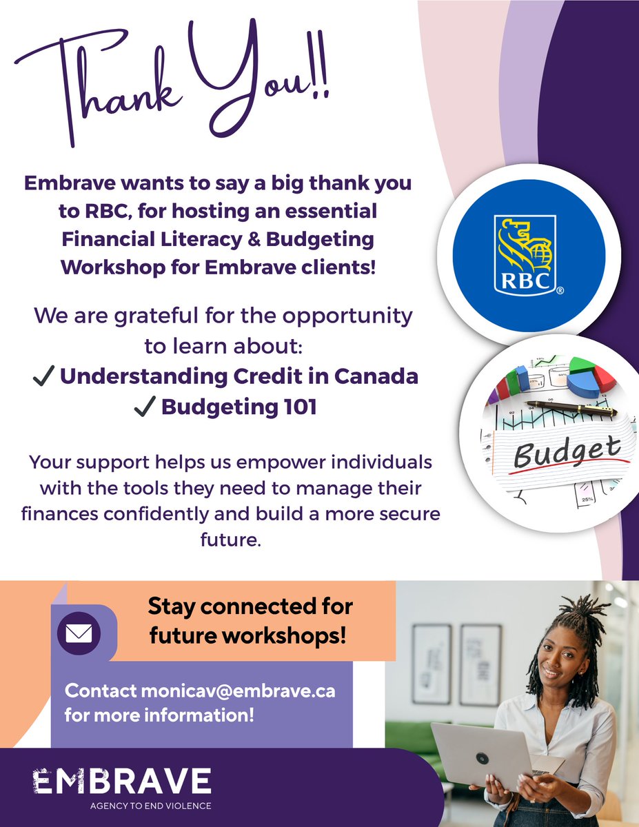 Thank you <a href="/RBC/">RBC</a> for hosting a Financial Literacy for Embrave clients!

We are grateful for the opportunity to learn about:
 ✔️ Understanding Credit in Canada
 ✔️ Budgeting 101

Your support helps us empower individuals with the tools they need to manage their finances confidently