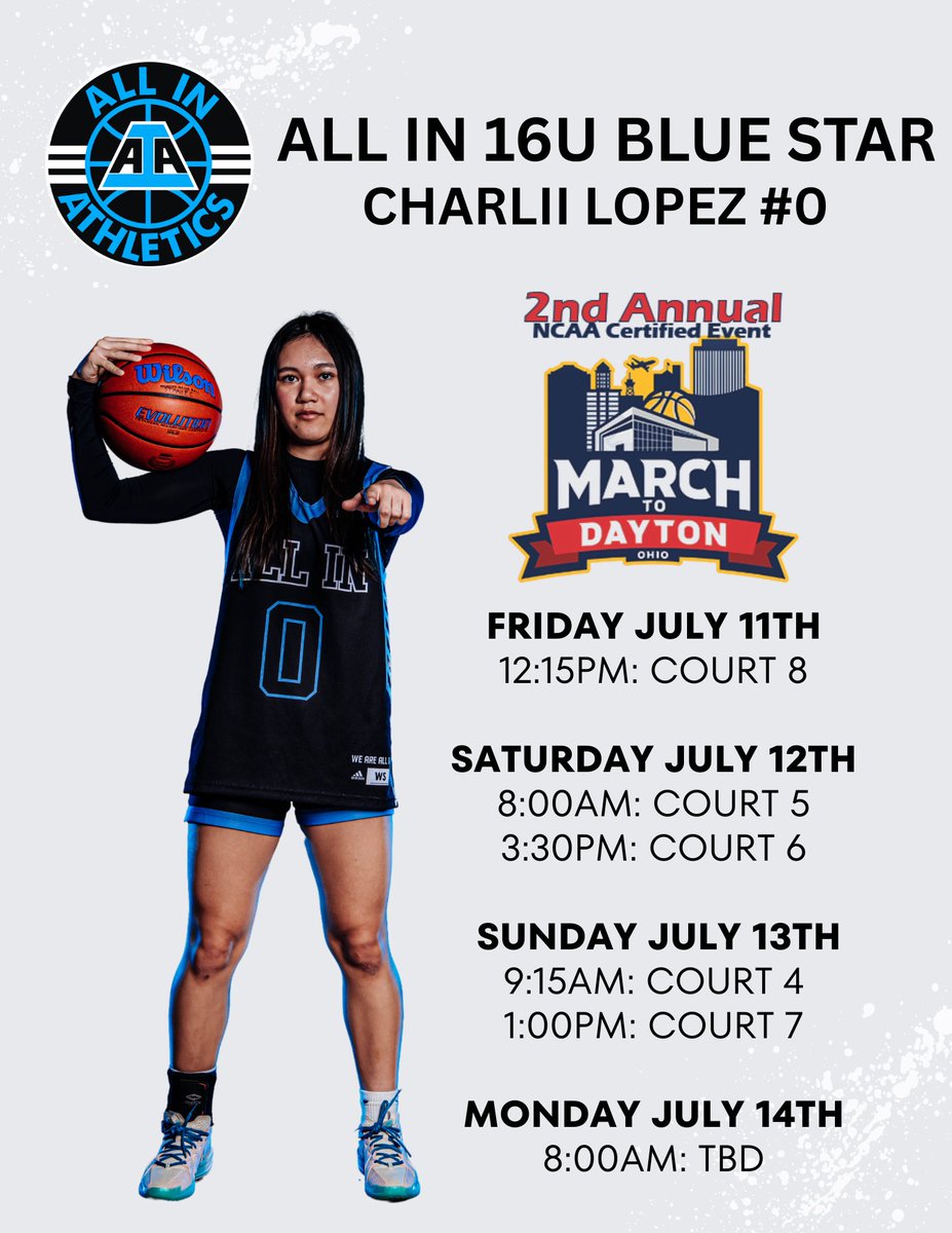 Charlii Lopez (@charliilopez27) on Twitter photo Come see us play this weekend at <a href="/USJN/">USJN</a> March to Dayton!
<a href="/AIAelitegirls/">ALL IN Elite Girls 3SSB</a> <a href="/IGBRcoverage/">Premier Recruiting Service in girlsbball</a>
<a href="/sam_fantastic/">Samson McWherter</a> <a href="/Ahsvikings_gbb/">ahsvikings_gbb</a> Come see us play this weekend at <a href="/USJN/">USJN</a> March to Dayton!
<a href="/AIAelitegirls/">ALL IN Elite Girls 3SSB</a> <a href="/IGBRcoverage/">Premier Recruiting Service in girlsbball</a>
<a href="/sam_fantastic/">Samson McWherter</a> <a href="/Ahsvikings_gbb/">ahsvikings_gbb</a>