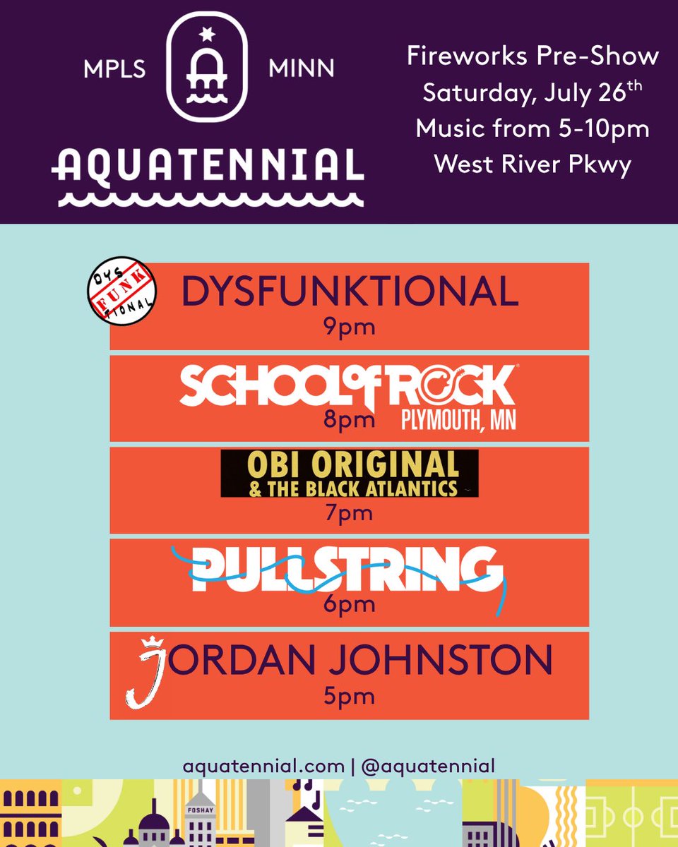 Minneapolis! Our next full band show is celebrating the Minneapolis Aquatennial on Saturday July 26th! We’re a part of the Fireworks Pre-show music and PS will be hitting the stage at 6pm. 

The stage will be in West River Parkway where the fireworks display will be taking place.