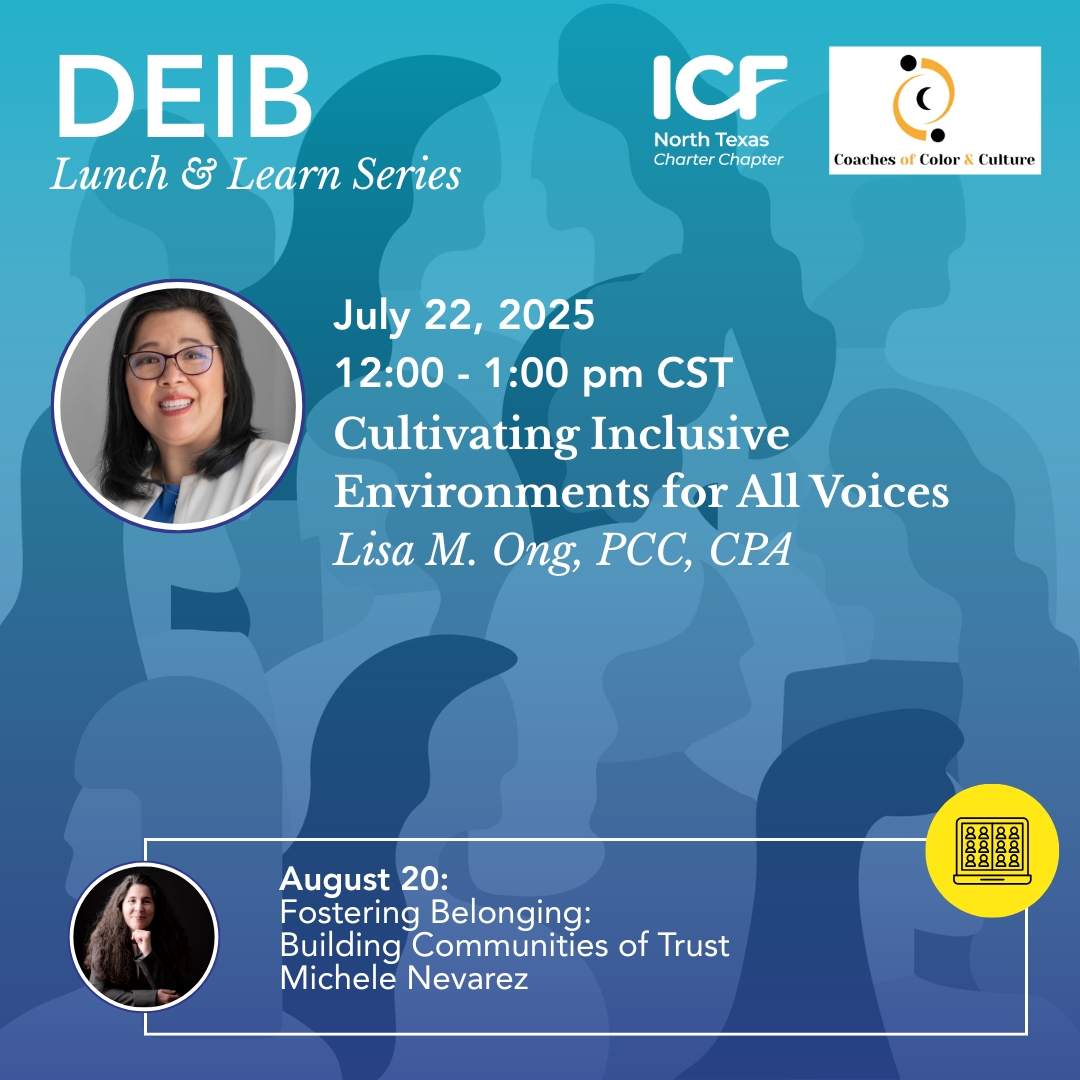 ICF_NT's tweet photo. REMINDER: Join ICF and Coaches of Color tomorrow for a dynamic Lunch &amp; Learn designed to help us elevate our leadership and coaching practices through the lens of DEIB, presented by Lisa M. Ong, PCC, CPA.

👉Register Here: https://t.co/dA0k1cMYma https://t.co/f2GUgqvi09