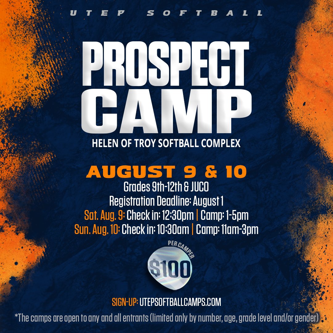 📣 ATTENTION!!!

🔥 Summer Prospect Camp is here 🔥

We’re taking over the HOT August 9-10 and we want to see YOU there 👀🥎

For grades 9th–12th &amp; JUCO

💻 Register by August 1 at UTEPSoftballCamps.com!