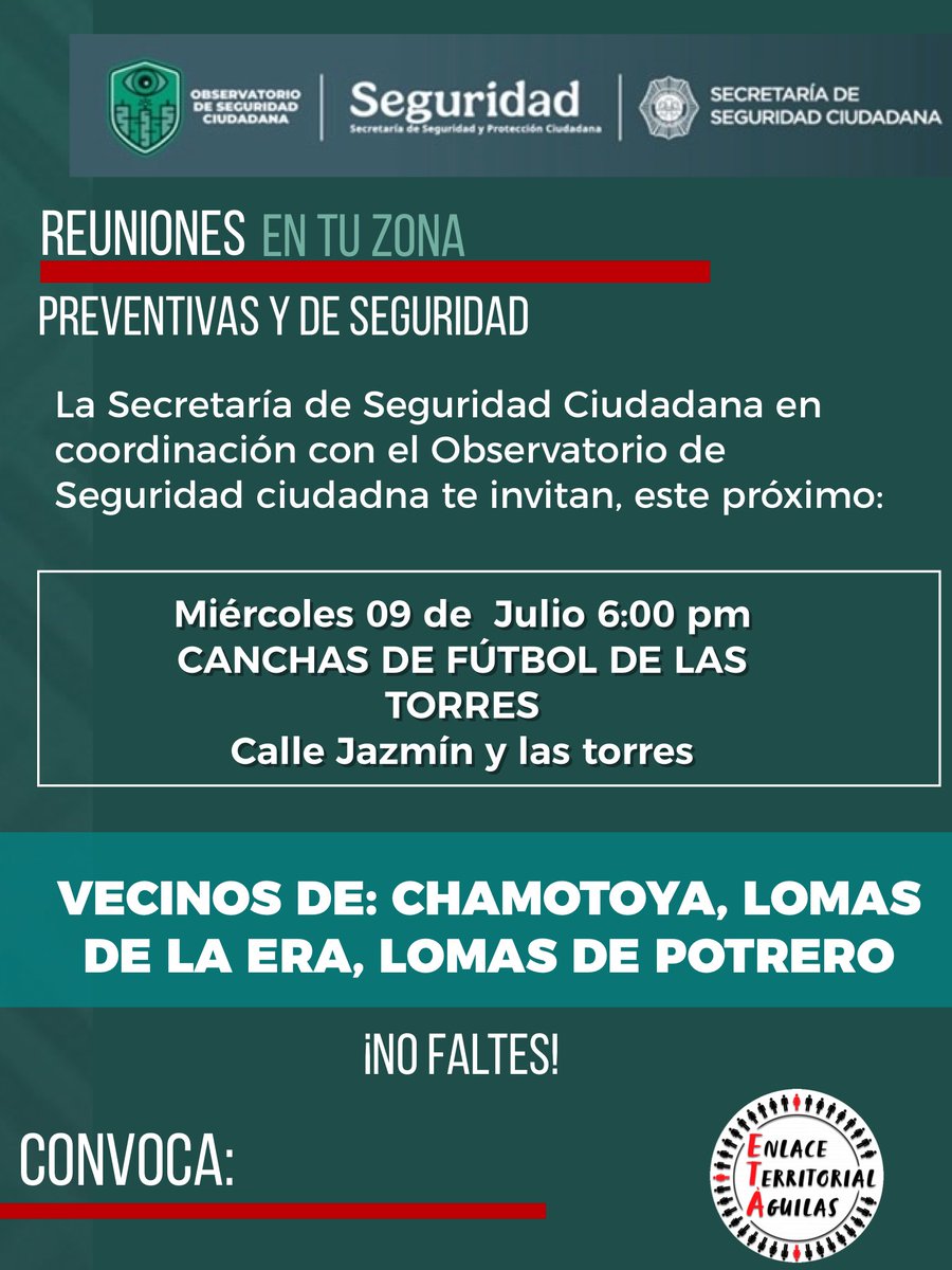 EnlaceTAguilas's tweet photo. 📣 Es HOY ‼️
Hoy inician #Reuniones EN TU ZONA #prevencion y #Seguridad 
El @observseguridad y la @SSC_CDMX #invitan
 🎬 Iniciamos 
📍#Chamontoya #LaEra #LomasPotrero
Estará #ProtecciónCivil de @AlcaldiaAO apoyo en temas de  #Fiscalia y Sector #ALPES  
@PORLASAGUILAS https://t.co/lsEIqk6ncF
