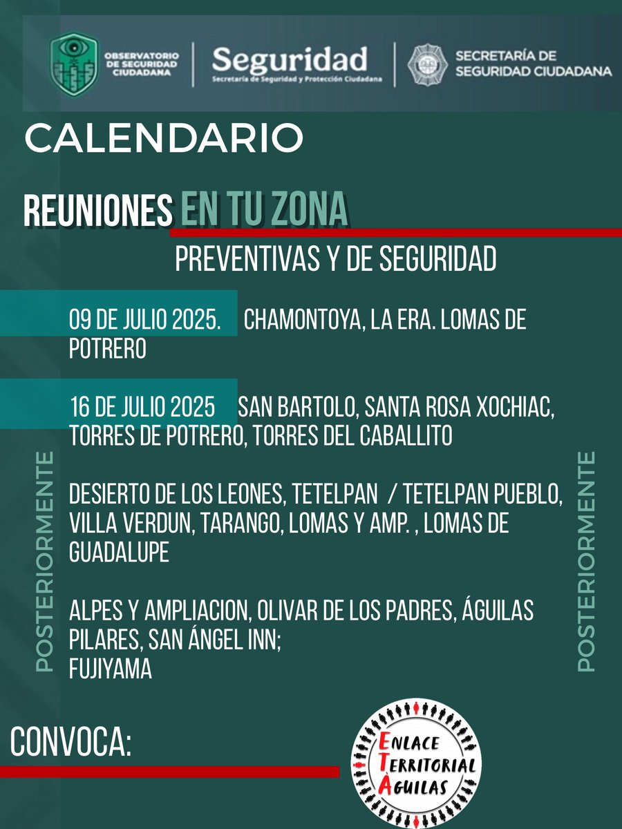 EnlaceTAguilas's tweet photo. 📣 Es HOY ‼️
Hoy inician #Reuniones EN TU ZONA #prevencion y #Seguridad 
El @observseguridad y la @SSC_CDMX #invitan
 🎬 Iniciamos 
📍#Chamontoya #LaEra #LomasPotrero
Estará #ProtecciónCivil de @AlcaldiaAO apoyo en temas de  #Fiscalia y Sector #ALPES  
@PORLASAGUILAS https://t.co/lsEIqk6ncF