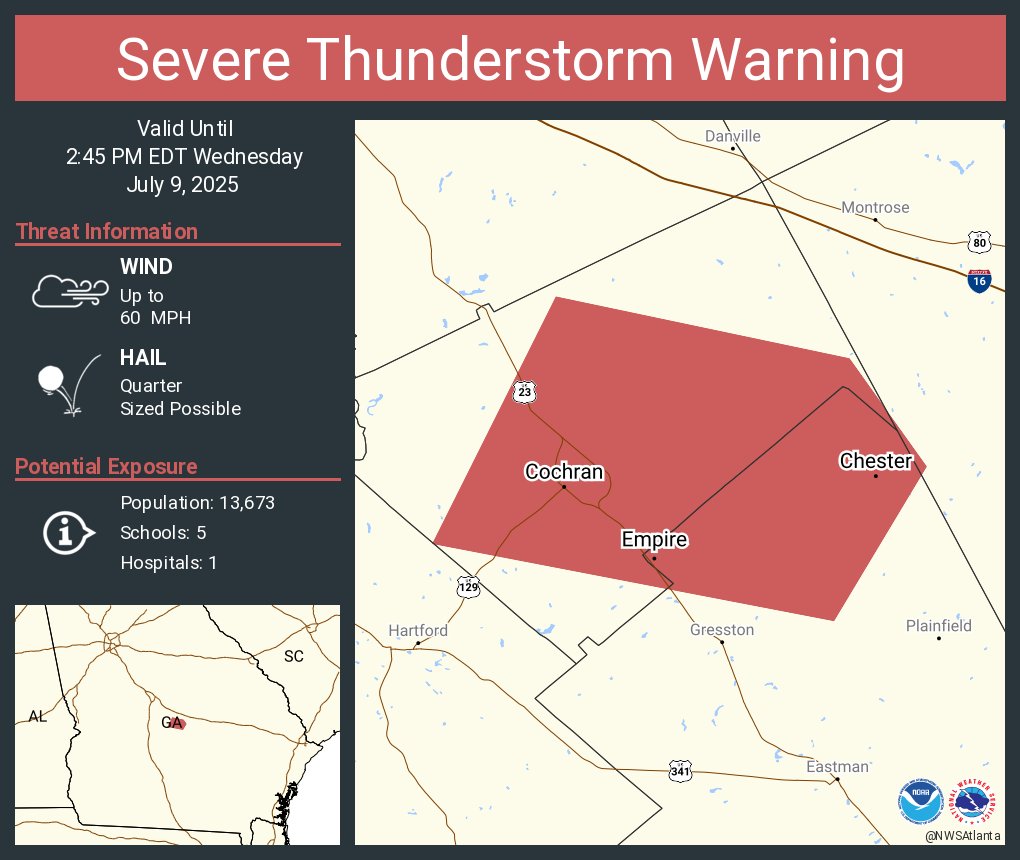Severe Thunderstorm Warning continues for Cochran GA, Chester GA and  Empire GA until 2:45 PM EDT