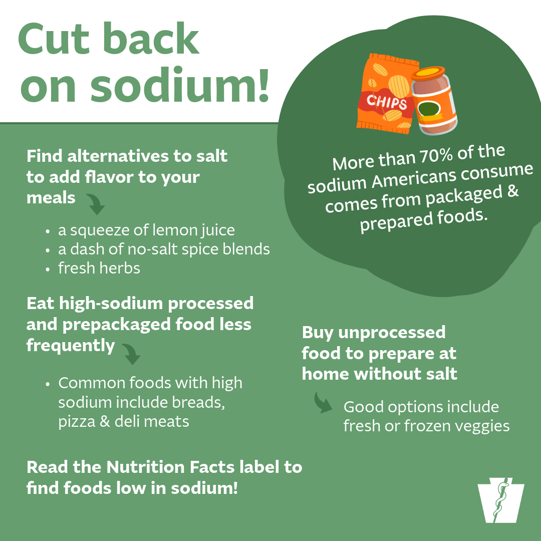 PAHealthDept's tweet image. Eating too much sodium can raise your risk of high blood pressure, heart attack, and stroke. Check out these tips to cut back on sodium ↓