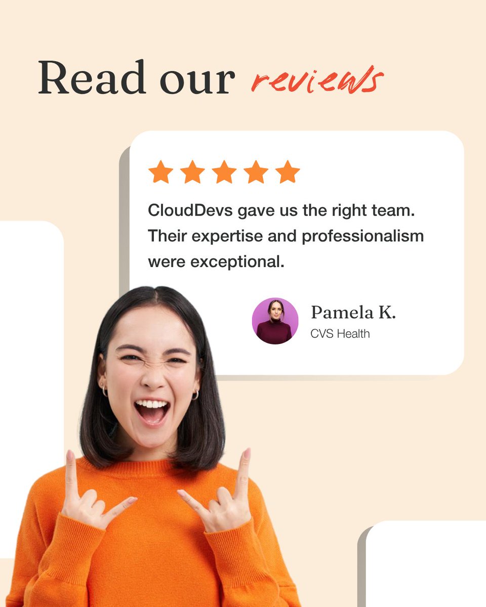 Clouddevs's tweet image. "CloudDevs gave us the right team. Their expertise and professionalism were exceptional."
Pamela Kennedy, CVS Health 🏥
--------
Head over to G2 to read more reviews from happy customers: g2.com/products/cloud…
#hiring #latamhiring #clouddevs #hiredevelopers #hiretechtalent