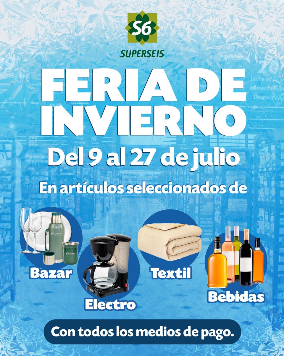 ❄️ ¡Llegó la Feria de Invierno a #Superseis🍃! 🛒☃️
📅 Del 9 al 27 de julio.
Aprovechá descuentos en artículos seleccionados de:
🍽️ Bazar | ⚡ Electro | 🧵 Textil | 🍷 Bebidas
✅ ¡Con todos los medios de pago!
¡No te lo pierdas!🩵
