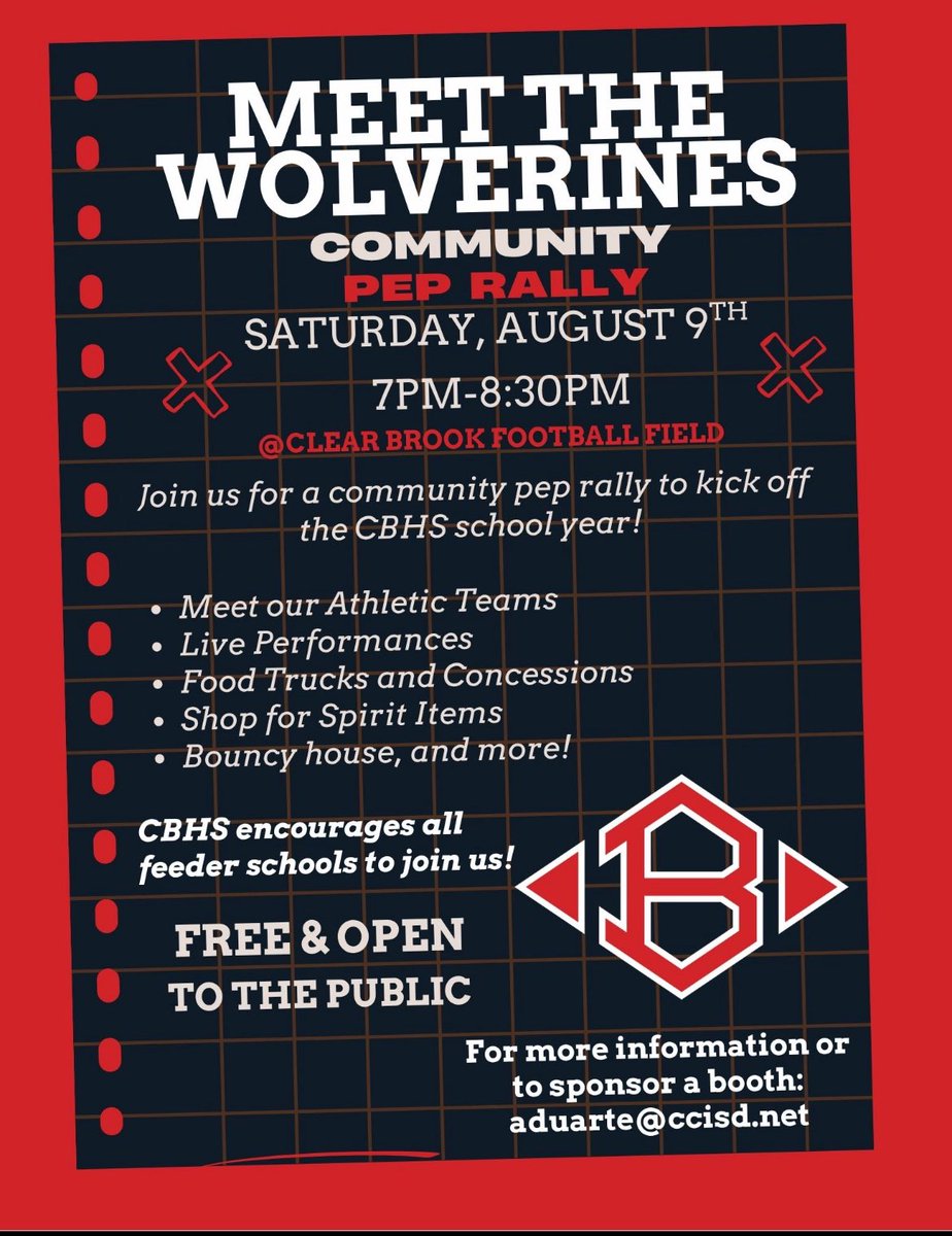 ClearBrookHS's tweet photo. Join us at Meet the Wolverines Community Pep Rally on Saturday, August 9th from 7-8:30 pm at the CBHS Football Field! Let’s kick off the school year with spirit!! See flyer below for more info! #weareclearbrook #onaquest #sparkingexcellence https://t.co/seZK4KRn2b