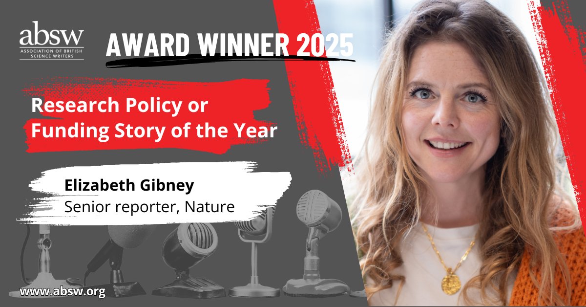 absw's tweet image. 🏆#ABSWawards 2025
👉Research Policy or Funding Story of the Year
🎉Elizabeth Gibney @LizzieGibney @Nature
👏👏👏Congratulations!!!
