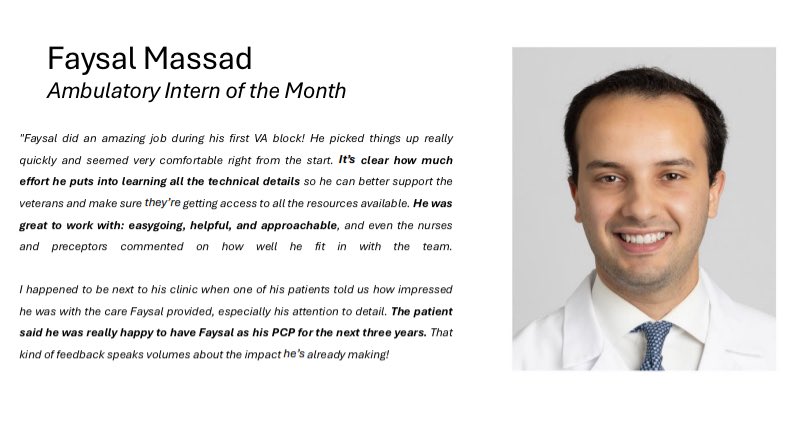 CCF_IMCHIEFS's tweet image. Our next June Residents of the Month is none other than @FaysalMassad. His nominator wrote about the phenomenal care he provides to our VA patients! 🏥
#MedEd #InternalMedicine #GME @ClevelandClinic @CleClinicMD