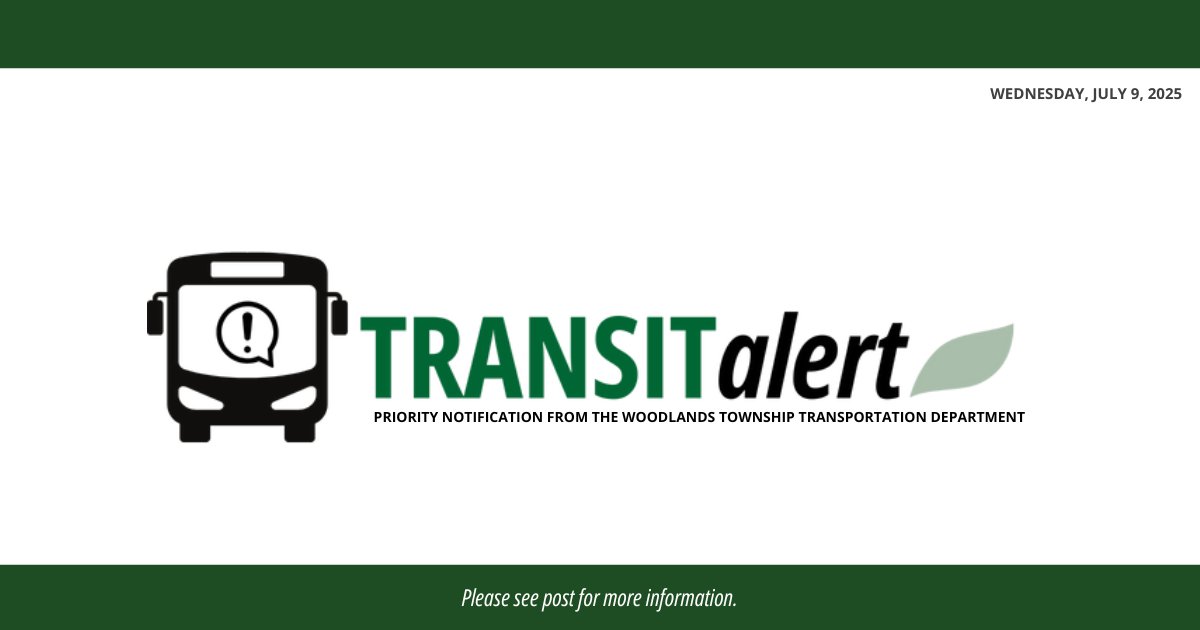 ⚠️ 𝗡𝗘𝗪 𝗧𝗥𝗔𝗡𝗦𝗣𝗢𝗥𝗧𝗔𝗧𝗜𝗢𝗡 𝗔𝗟𝗘𝗥𝗧 𝗦𝗬𝗦𝗧𝗘𝗠‼️ 
The Woodlands Township has launched a new transportation alert system to better serve residents and riders. 

The Woodlands Township Transportation Department has discontinued the use of Twitter (X) account. We