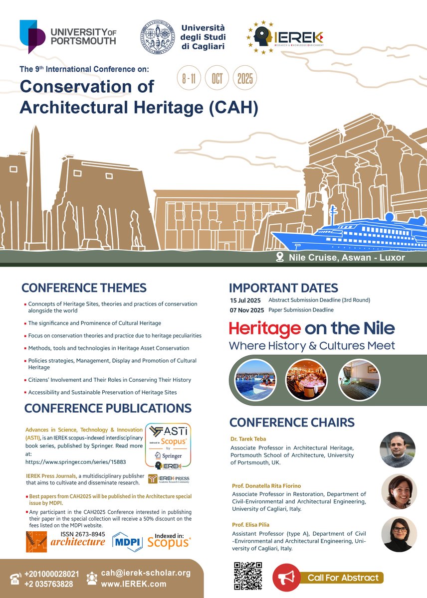 HeritageHub_uop's tweet image. **Closing 15th July!**
The 9th edition of the Conservation of Architectural Heritage Conference is returning to Egypt in October 2025 in collab with @portsmouthuni and @univca!
Submit your abstract here:
ierek.com/events/conserv…

#CAH2025
@IEREK_INSTITUTE
@ICOMOS
@Arch_Tarek_Teba