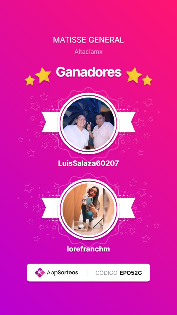 ¡Felicidades a los ganadores! 💕
Pase doble general para #Matisse ✨
<a href="/LuisSalaza60207/">Luis Salazar</a>
<a href="/lorefranchm/">Lore</a>