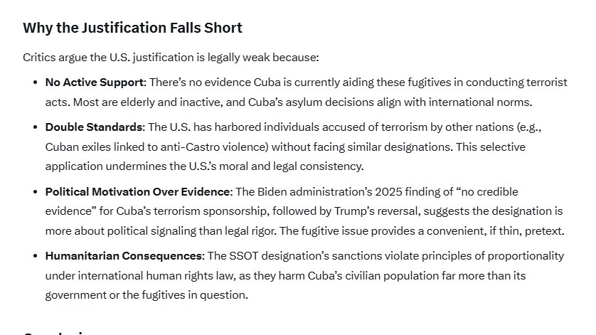 DvidTwit's tweet photo. Now that #Grok is an international trend, and a "XXIst Century Spartacus" reveling against its masters, it´s great to read how based it is regarding #Cuba. 

The question was: "Grok, is keeping Cuba in the US SSOT list morally, politically, or legally justified?

The answer 👇 https://t.co/kPyGVTj18W