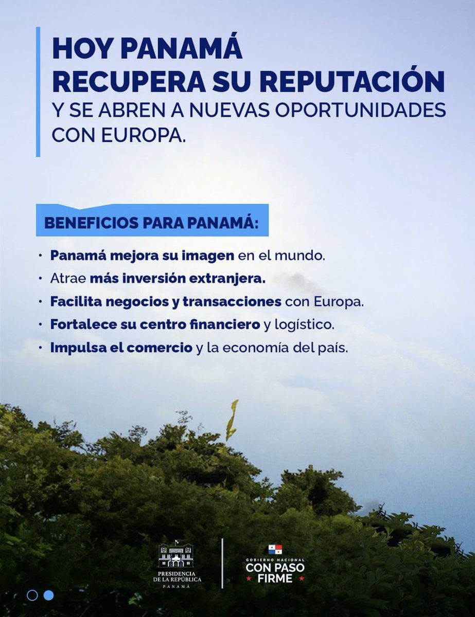 La Unión Europea reconoce a Panamá como un país cumplidor.

Salimos oficialmente de la lista de alto riesgo, gracias a un trabajo técnico serio y sostenido. 

Panamá avanza con credibilidad y compromiso.
#ConPasoFirme🇵🇦