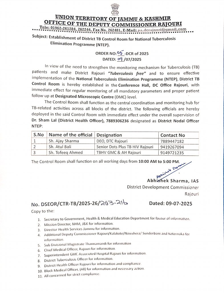 Information and PR , Rajouri (@diorajouri) on Twitter photo DC #Rajouri Abhishek Sharma sets up District TB Control Room under NTEP to make Rajouri TB-free. The initiative will enhance patient tracking, coordination with Nikshay Mitras & ensure field accountability. Dr Sham Lal is Nodal Officer.
<a href="/diprjk/">Information & PR, J&K</a> <a href="/dmrajouri/">District Admn Rajouri</a>
<a href="/Abhi1shrma/">Abhishek Sharma</a> <a href="/PIBSrinagar/">PIB in Jammu Kashmir & Ladakh</a> DC #Rajouri Abhishek Sharma sets up District TB Control Room under NTEP to make Rajouri TB-free. The initiative will enhance patient tracking, coordination with Nikshay Mitras & ensure field accountability. Dr Sham Lal is Nodal Officer.
<a href="/diprjk/">Information & PR, J&K</a> <a href="/dmrajouri/">District Admn Rajouri</a>
<a href="/Abhi1shrma/">Abhishek Sharma</a> <a href="/PIBSrinagar/">PIB in Jammu Kashmir & Ladakh</a>