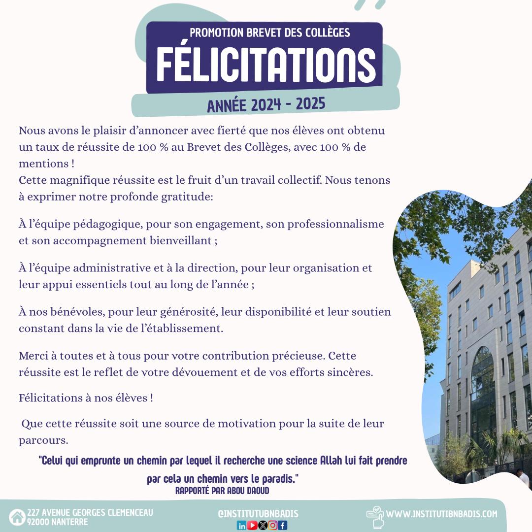 PROMOTION BREVET DES COLLÈGES

FÉLICITATIONS !!!!

Nous avons le plaisir d'annoncer avec fierté que nos élèves ont obtenu un taux de réussite de 100% au Brevet des Collèges, avec 100% de mentions!