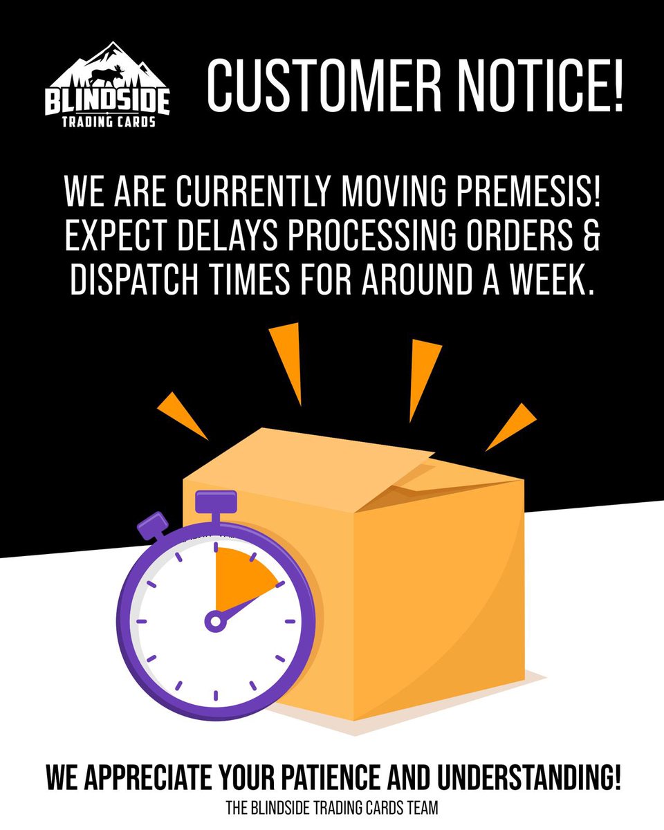 BSTradingCards's tweet image. Please allow a little extra time for your order to arrive over the next few days!
We are moving into our brand new commercial building premises and things are a little all over the place right now.
We thank you for your understanding.