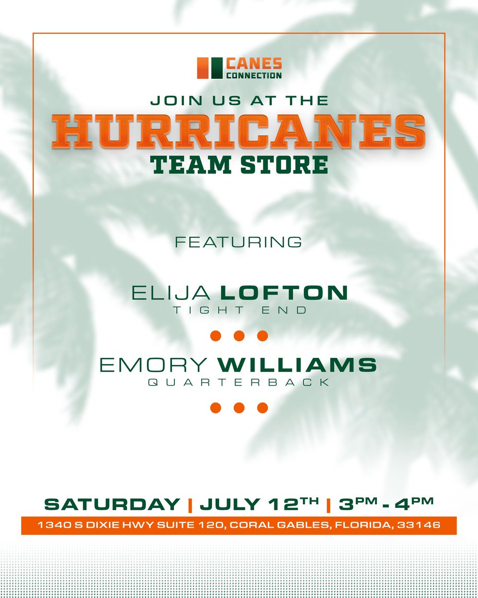 CanesConnection's tweet image. 📣 Canes fans, it’s time to meet up again for another signing event!
Join us this Saturday to meet two of our talented Canes Connection athletes.
🔥 Elija Lofton, Tight End
🔥 Emory Williams, Quarterback
We’ll all be at the Hurricane Team Store from 3-4pm. 🙌🏻
Will you be…
