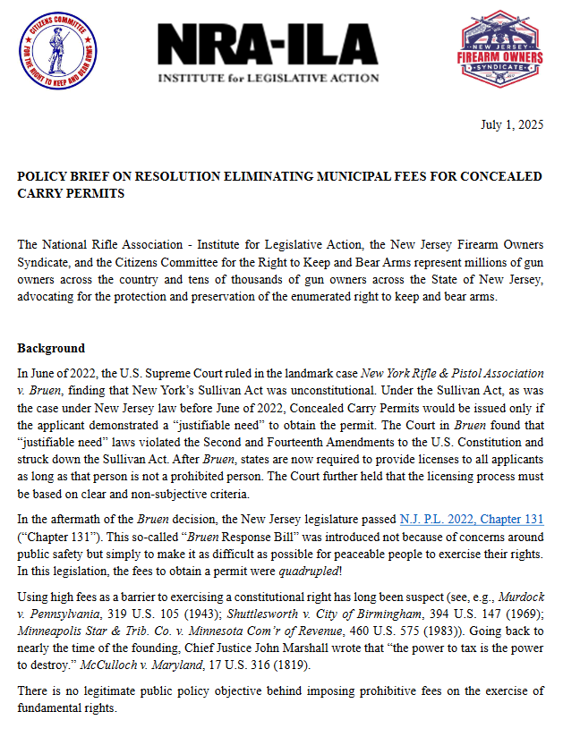 CCRKBArms's tweet image. CCRKBA PARTNERS WITH NJFOS & NRA-ILA ON MISSION TO ABOLISH N.J. PERMIT FEES
If you’re in N.J. and want to approach your town about this, a policy brief that you can read over and share with your officials can be found at the link below:
ccrkba.org/2025/07/07/ccr…