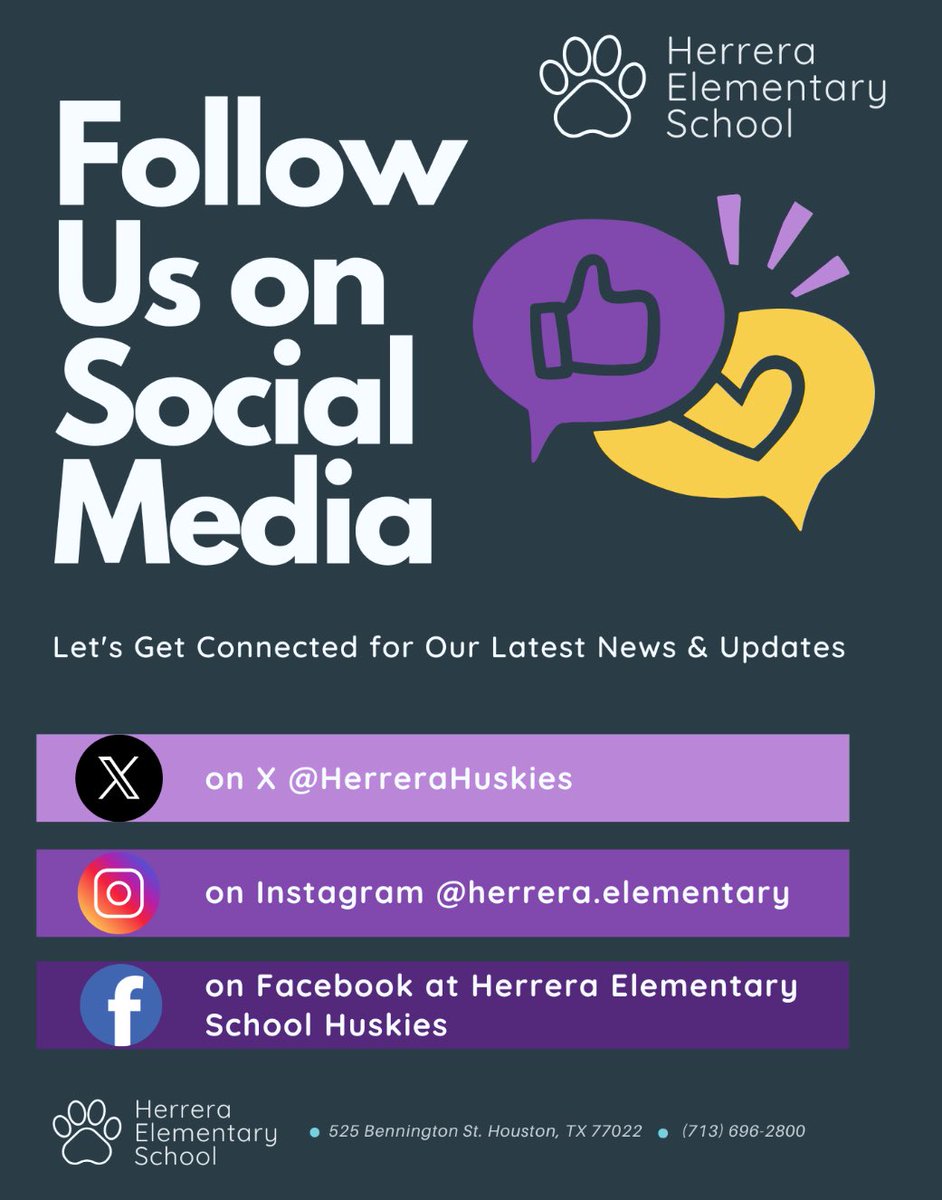 Don’t forget to follow us on all our social media platforms to get the most up to date information about what’s going on around campus and in our classrooms! 
Share with your friends and family so they can stay connected too! 💜💛
#HerreraHuskies #getconnected #stayconnected