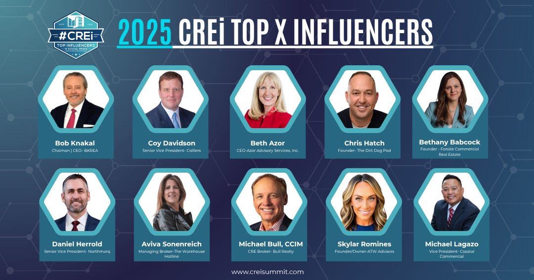creisummit (@creisummit) on Twitter photo The 2025 #CREi X List is here! Here's your Top 10. Thanks for making X great for CRE!
<a href="/BobKnakal/">Bob Knakal | NYC Investment Sales</a>
<a href="/CoyDavidsonCRE/">The Tenant Advisor</a>
<a href="/Bethazor1/">Beth Azor, “Canvassing Queen”</a>
<a href="/chriswhatch/">Chris Hatch</a>
<a href="/bethanyjbabcock/">Bethany | Commercial Real Estate</a>
<a href="/DanielHerrold/">Daniel Herrold</a>
<a href="/AvivaRealEstate/">Aviva - Denver - Warehouse</a>
<a href="/BullRealty/">Michael Bull, CCIM</a>
Skylar Romines
Michael Lagazo
Full List here: creisummit.com/x-list-2025/ The 2025 #CREi X List is here! Here's your Top 10. Thanks for making X great for CRE!
<a href="/BobKnakal/">Bob Knakal | NYC Investment Sales</a>
<a href="/CoyDavidsonCRE/">The Tenant Advisor</a>
<a href="/Bethazor1/">Beth Azor, “Canvassing Queen”</a>
<a href="/chriswhatch/">Chris Hatch</a>
<a href="/bethanyjbabcock/">Bethany | Commercial Real Estate</a>
<a href="/DanielHerrold/">Daniel Herrold</a>
<a href="/AvivaRealEstate/">Aviva - Denver - Warehouse</a>
<a href="/BullRealty/">Michael Bull, CCIM</a>
Skylar Romines
Michael Lagazo
Full List here: creisummit.com/x-list-2025/