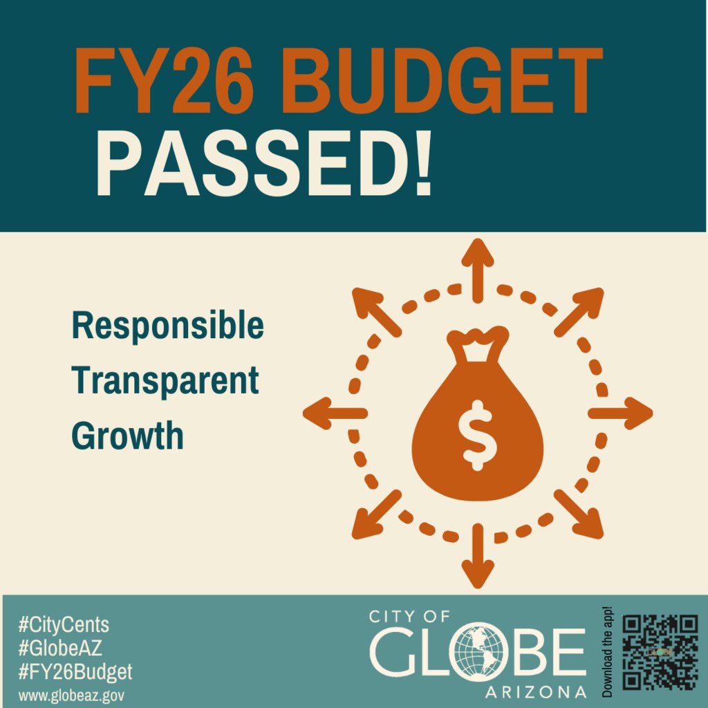 city_globe's tweet image. 🎉 The FY26 Budget is officially passed! This balanced plan invests in public safety, infrastructure &amp;amp; services, fueling responsible growth.

Follow along at globeaz.gov &amp;amp; download the City of Globe app.

#CityCents #PeopleProcessProgress #GlobeAZ