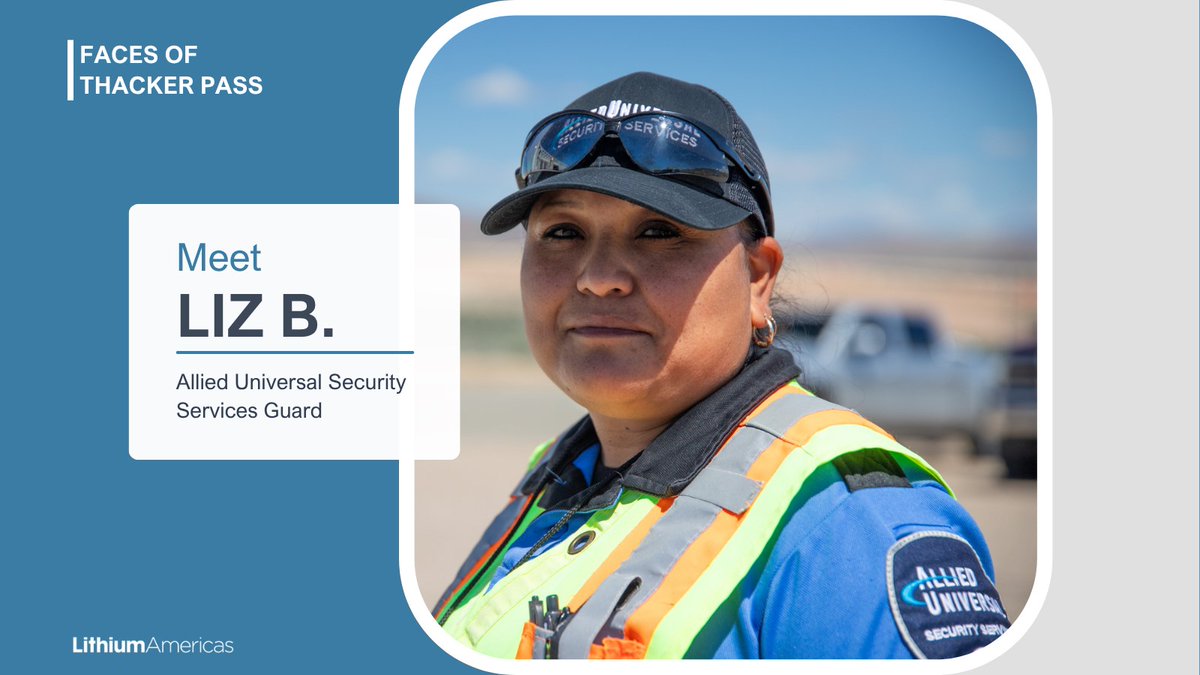 ThackerPass's tweet image. Faces of Thacker Pass: Meet Liz B., a security guard with Allied Universal & Winnemucca local.
“If you can keep the community happy it helps a lot. Construction of @ThackerPass is bringing a lot of jobs, opening a lot of opportunities - why not take them?”
Read her story:…